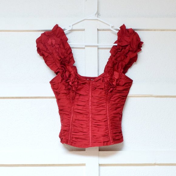 BEBE Red Silk Trim Ruffle Fiesta Lace Up Rear Cropped Corset Bustier | Size XS - Picture 1 of 7